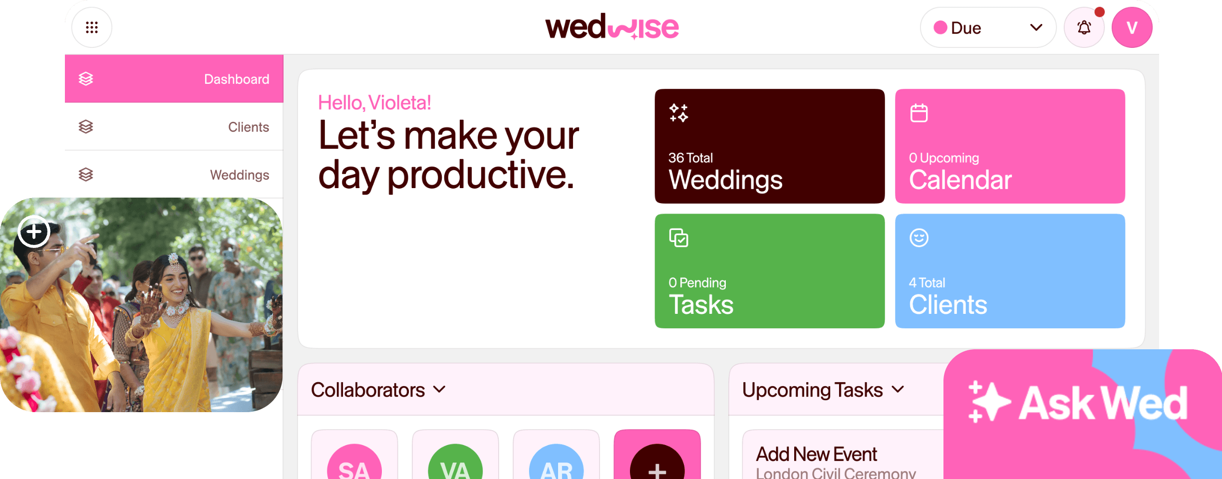 The WedWise dashboard, showing a wedding count, calendar, tasks and clients alongside a collaborator list.