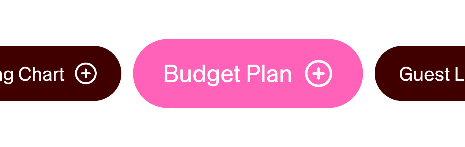 A row of planning modules including a seating chart, budget plan and guest list.