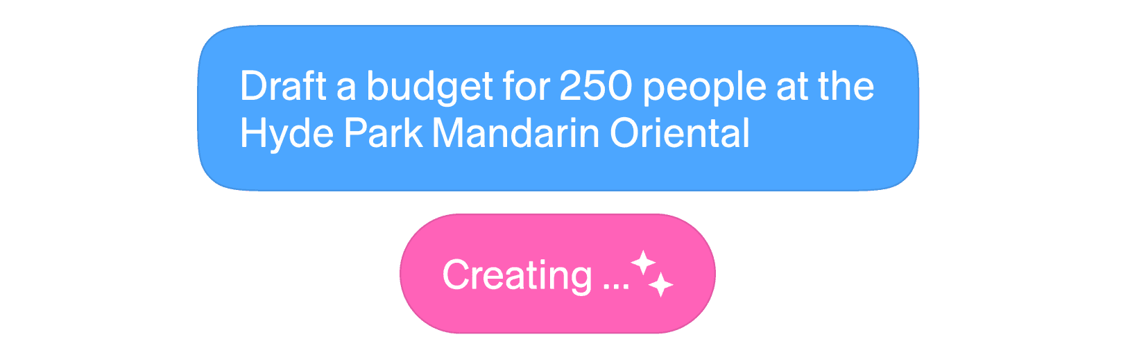 An AI prompt asking for a budget for 250 people, with a creating indicator below it.