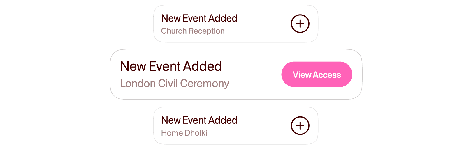 A stack of new event notifications, one showing a view access control.