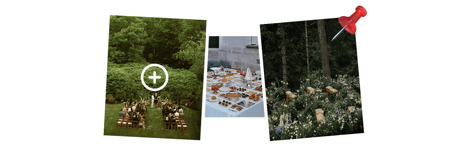Three pinned photographs of outdoor wedding settings arranged as a moodboard.